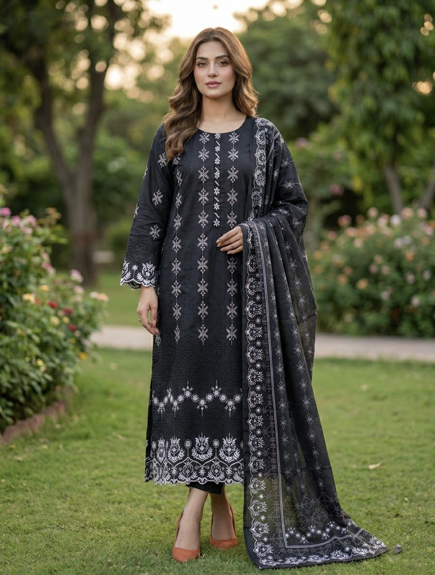 Solid Embroidered Capri Shirt Stitched 3 Piece