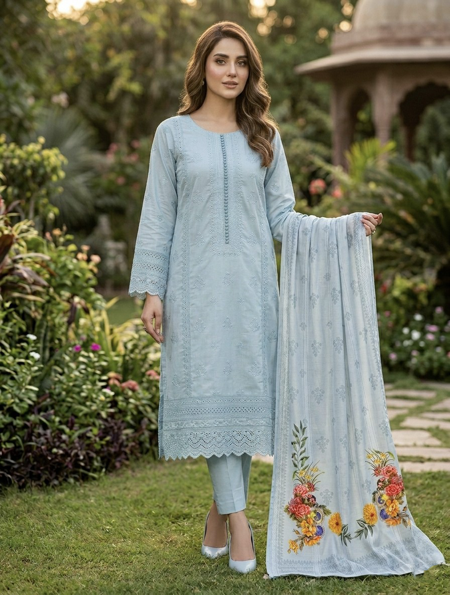 Solid Embroidered Capri Shirt Stitched 3 Piece