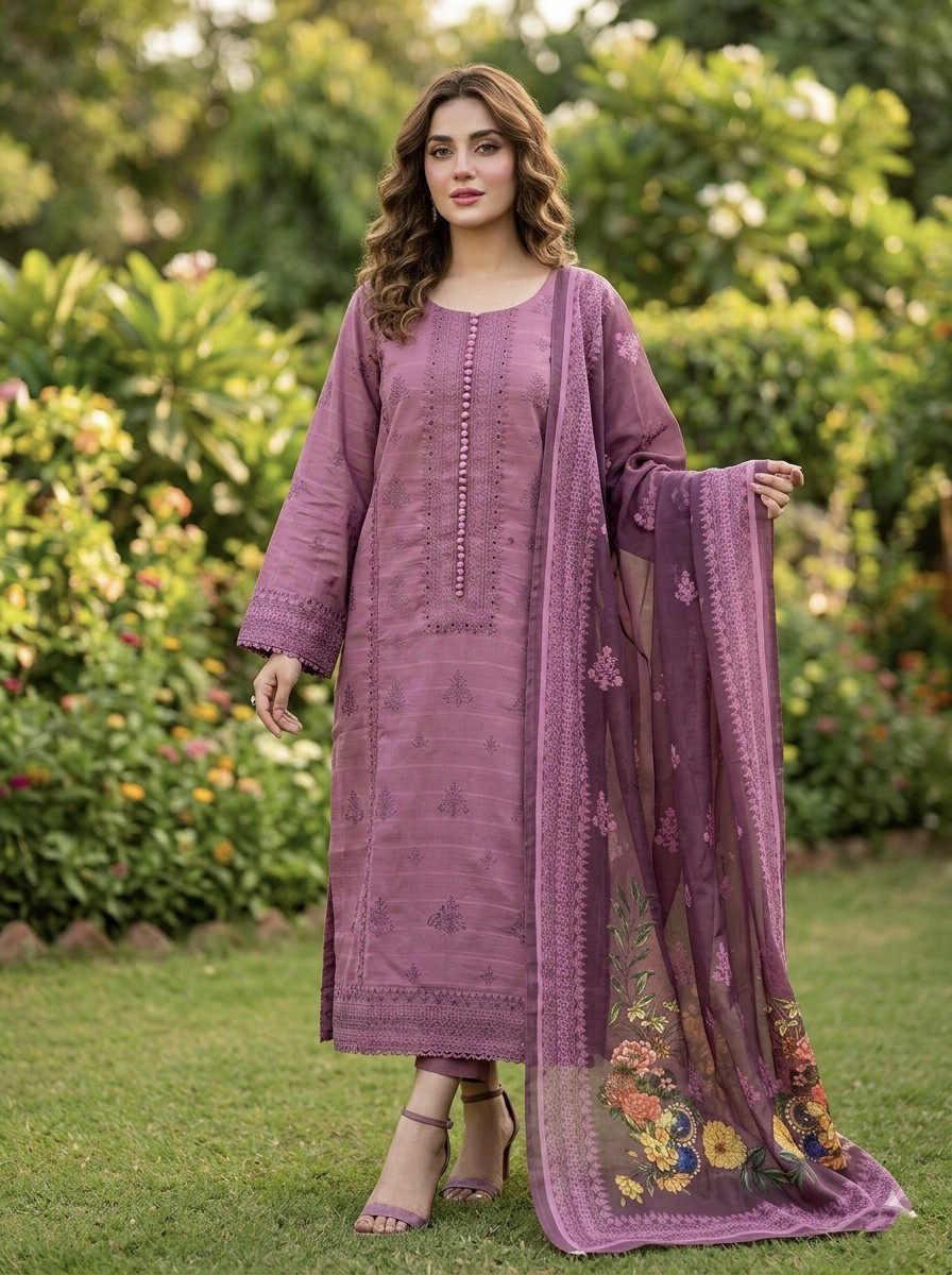 Solid Embroidered Capri Shirt Stitched 3 Piece